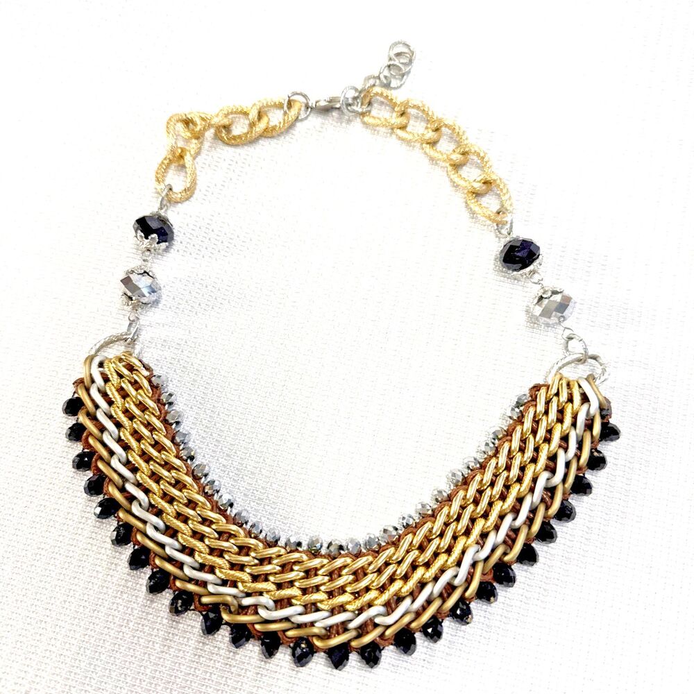 Vintage Chunky Necklace 21" Silver Gold Tone Heavy Bead Statement Jewelry Boho